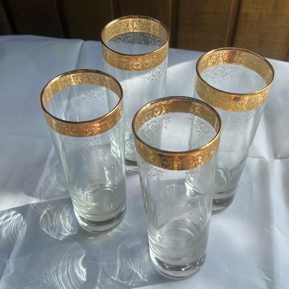 Cellini Crystal Gold Gilded Needle Etched Highball Glasses  4 Pcs - Picture 2 of 4